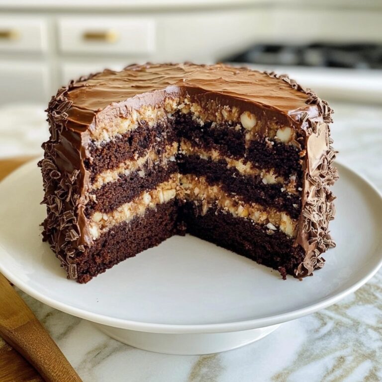 German Chocolate Cake with Coffee Cashew and Coconut Filling for an Irresistible Twist on a Classic Dessert